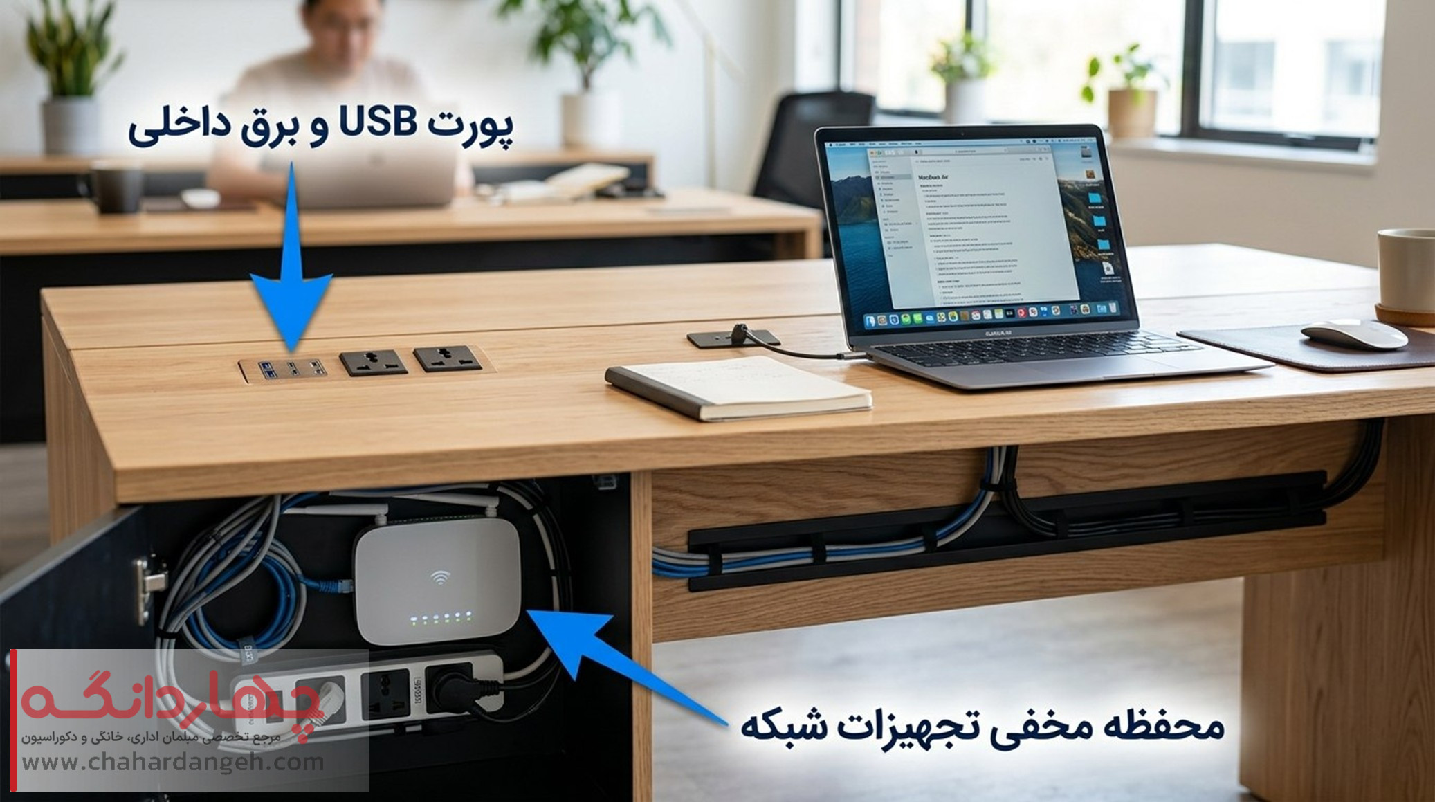 میز هوشمند اداری _ پورت USB و برق داخلی + محفظه مخفی برای تجهیزات شبکه و مدیریت کابل ها